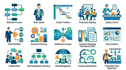 Fototapeta premium Flat Business Management Operations Icons Set for Project Planning, Quality Control, Process Optimization, Data Analytics