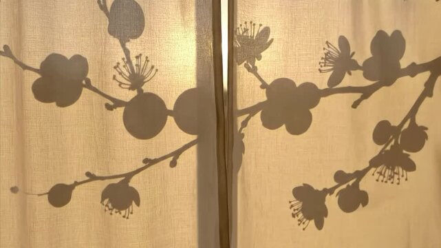 Plum blossom branch shadow silhouette on curtain fabric