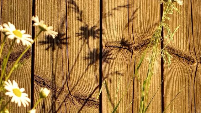 White daisy flowers with shadow pattern on wooden fence