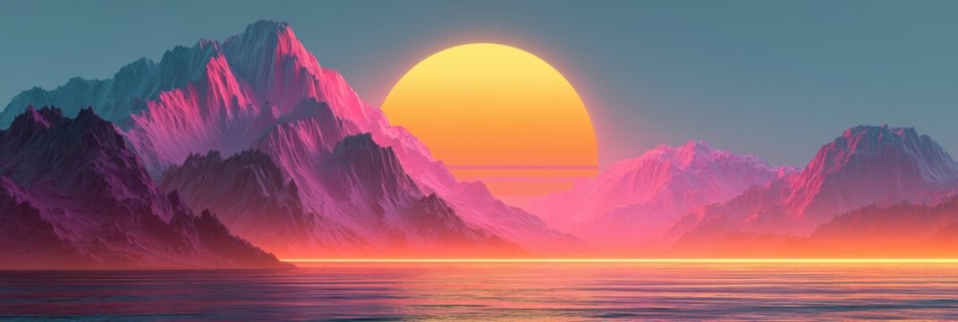Vibrant sunset behind jagged mountains reflecting on calm water with a surreal, colorful sky blending purple, pink, orange, and blue hues.