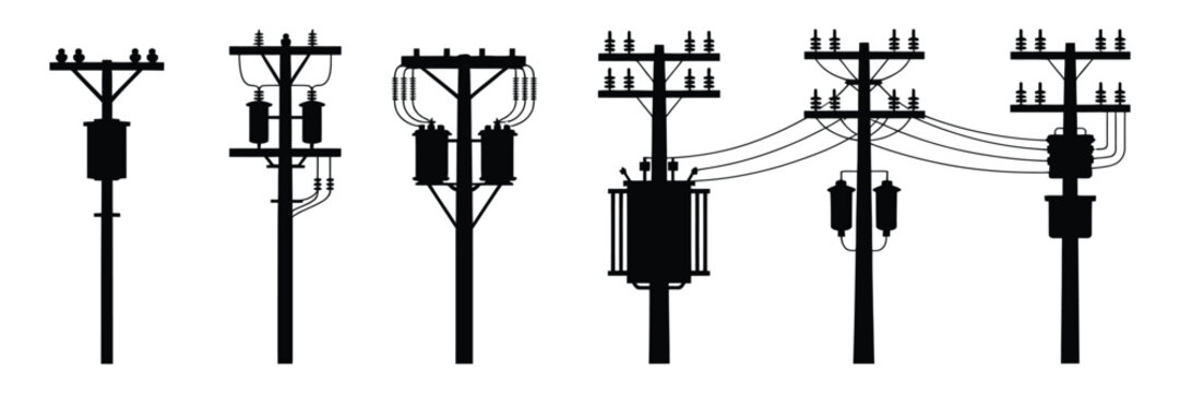Utility Pole Silhouette Collection Showcasing Power Line Networks, Electrical Equipment, and Energy Transmission System Elements