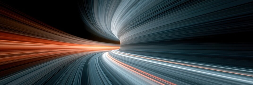 A dynamic, abstract tunnel of light trails in blue and orange, creating a sense of speed and motion in a futuristic, swirling vortex.