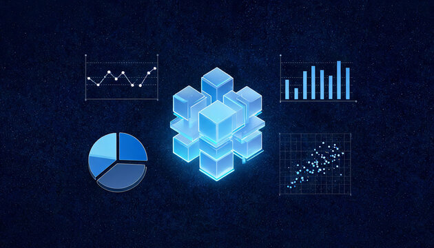 A set of data visualization tools including line, bar, scatter charts and a 3D digital block model for analytics and business reporting.