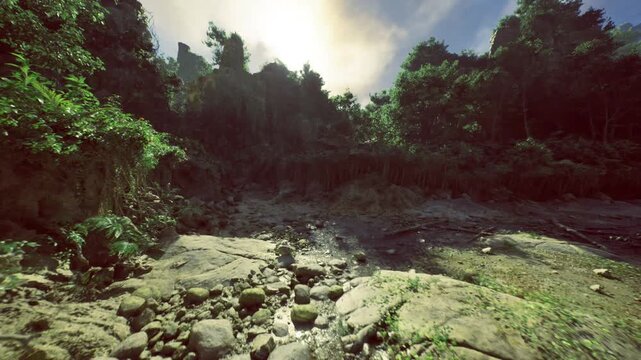rugged cliff passage with vinecovered ledges and dark hollow, tangled roots draping over stone and damp ground creating primal, slightly eerie mood, ideal