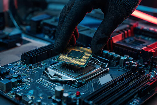 A gloved technician carefully installs a central processing unit onto a computer motherboard in a technical workspace.