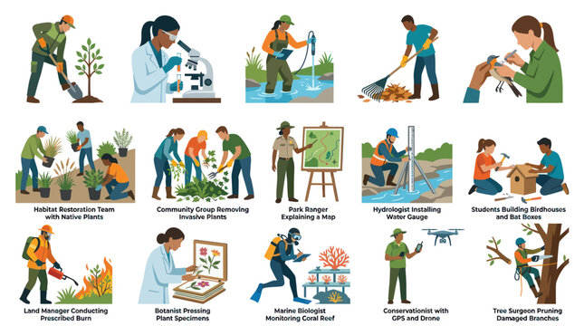 Environmental Conservation and Science Professions: Diverse Roles in Nature Management - Flat Vector Illustration
