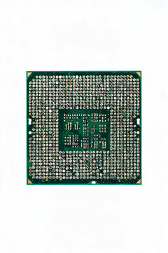 Bottom view of a computer processor with dense pin grid array contact points on a green circuit board.