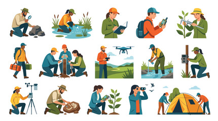 Fototapeta premium Diverse Scientists in Field Research: Ecology, Biology, Technology, Geology flat icons