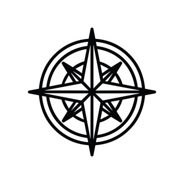 Black and white geometric compass rose symbol, navigation, direction, exploration, design element
