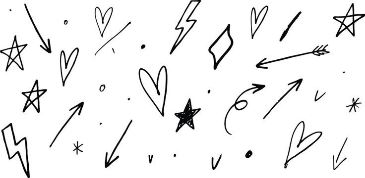 Bold brush doodle shapes with graffiti hearts stars and funky street art vector elements