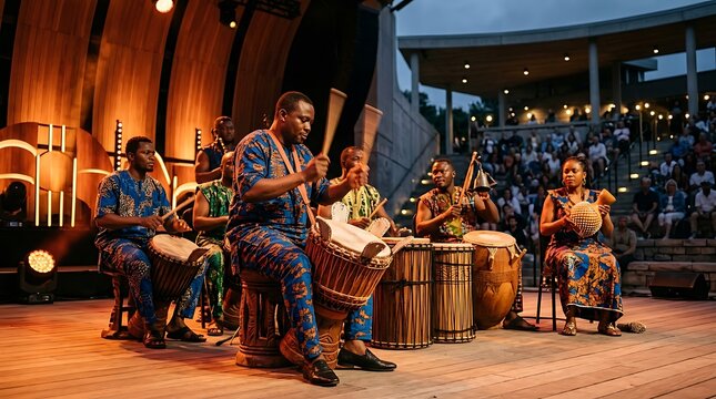 African drum ensemble performing on an outdoor stage at night