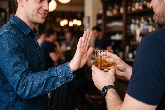 A man politely declining a glass of whiskey at a bar, representing sobriety, healthy choices, and setting personal boundaries in a social setting.