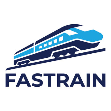 Blue train logo with the word Fastrain for transportation or travel  modern design icon