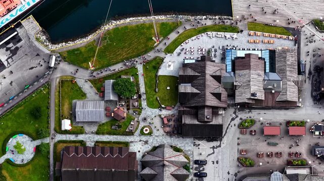Top down time lapse in Flam, Norway. People boarding ship, port, scenic view.
