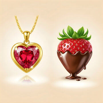 Gold heart pendant necklace with red gemstone and chocolate strawberry