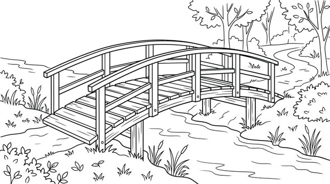 A small wooden bridge with railings spans a stream surrounded by grass and trees in a serene natural landscape with a pathway