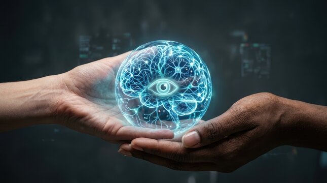 Hands holding glowing brain with eye artificial intelligence concept