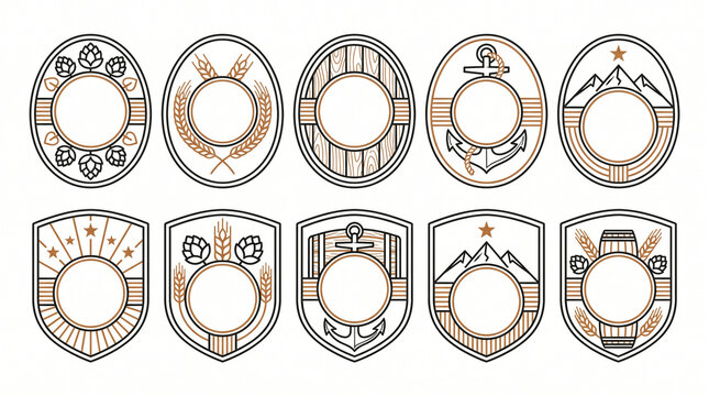 Vintage craft brewery and distillery badge set, blank circular and shield emblems with hops, wheat, barrels, anchors and mountains, empty center for custom text, black main lines and brown accents, ve
