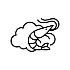 Fototapeta premium Stylized shrimp icon with cloud, simple line art, vector illustration
