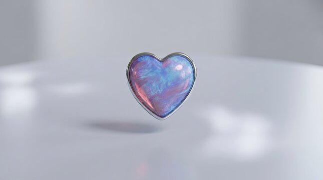 Iridescent heart with silver frame floating on reflective white surface