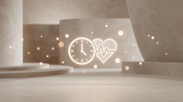Time and health concept clock and heartbeat line icons in beige scene