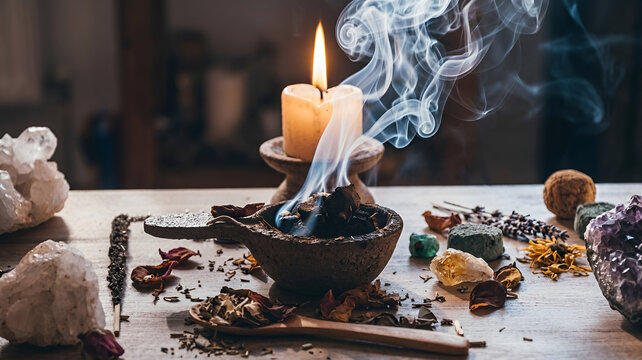 Altar table with burning candle incense smoke and healing crystals