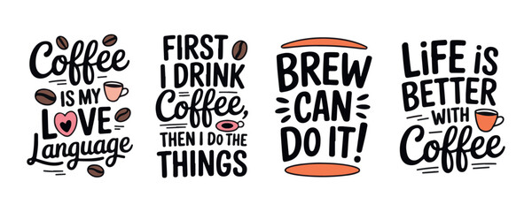 Fototapeta premium Coffee themed typography set with cup and bean illustrations on a transparent background vector design.