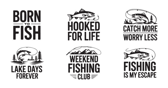 Set of fishing typography vector illustration designs with fish silhouettes and outdoor hobby quotes art.