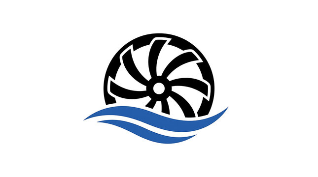 A black turbine wheel sits on blue wavy lines.