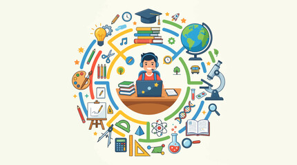 Fototapeta premium Student sitting at a desk surrounded by educational icons and symbols learning