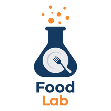 Food lab logo with beaker plate fork and bubbles  culinary science concept icon