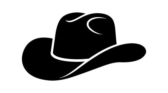 A black cowboy hat with white outline sits alone on a plain background.