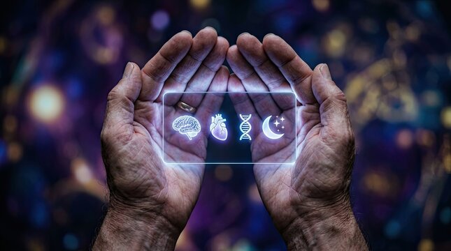 Hands holding glowing icons representing holistic health and wellness concepts
