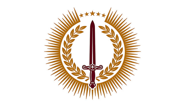 A symbolic emblem featuring a sword surrounded by laurel wreath and sunburst