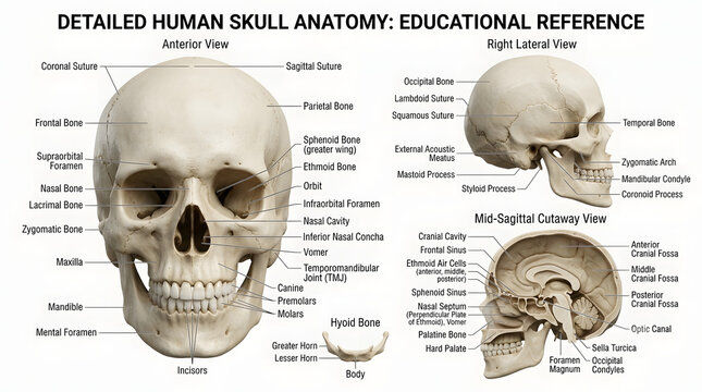 3D Human Skull Anatomy with Labeled Internal Structures &ndash; Medical Illustration for Science Learning and Biology Education Poster