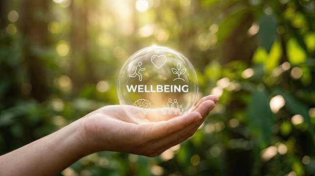 Wellbeing concept hand holding a glowing orb with wellness icons