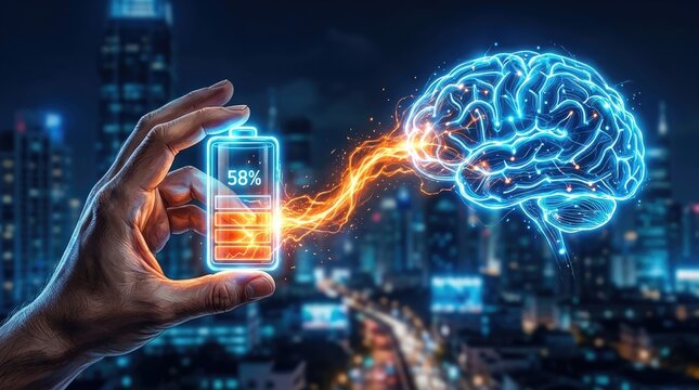 Cognitive energy depletion hand holding low battery connected to human brain