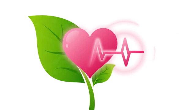 A high-quality 2D vector animation of a glossy pink heart icon growing from a green stem with a large fresh green leaf, isolated on a white background. A vibrant pink ECG or EKG heartbeat waveform dyn