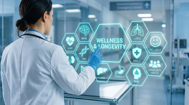 Healthcare innovation doctor interacting with wellness and longevity digital interface