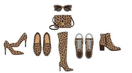 Fototapeta premium Detailed vector illustration of stylish leopard print fashion accessories including shoes and a designer bag