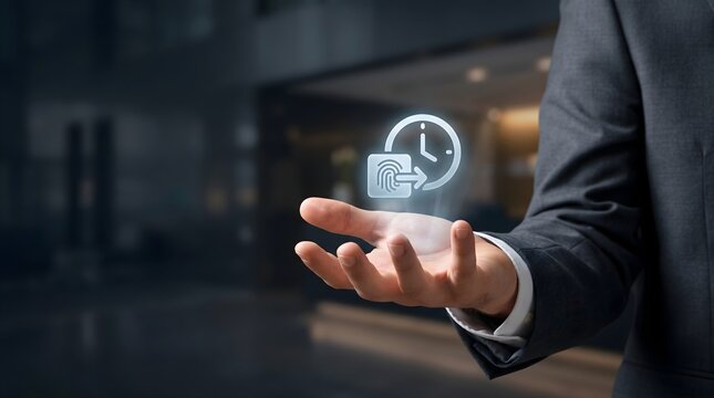 Secure biometric time tracking concept with digital access icon in office