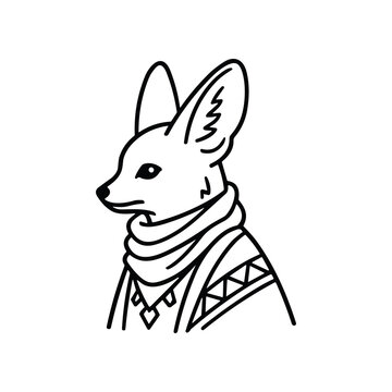 Stylized Fennec Fox wearing scarf and tribal patterned vest, minimalist line art illustration.