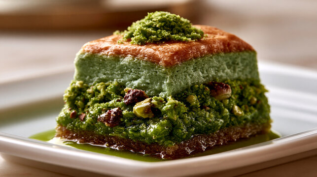 A single square piece of pistachio baklava dessert on a white plate with pistachio