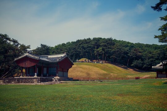 Wide-angle scenic view of a Joseon Royal Tomb park featuring the ritual shrine and a large green tumulus under a bright summer sky.