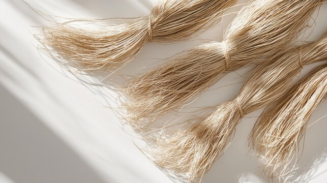 Natural abaca fiber bundles with organic texture photographed from above against clean background perfect for eco-friendly web design and sustainable branding