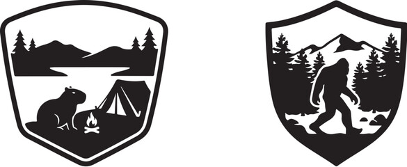 Fototapeta premium Bigfoot, bear, outdoor adventure badges, black silhouette icons, camping wilderness emblems