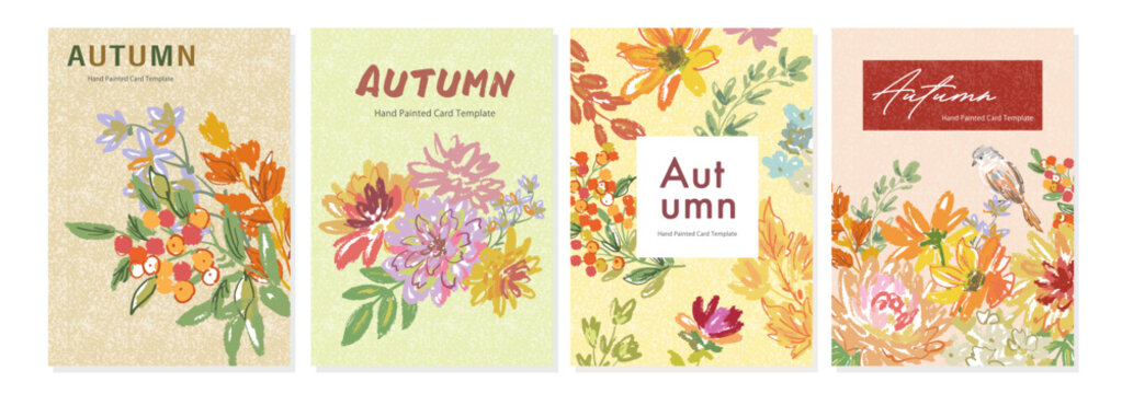 Autumn card template set with hand-painted crayon doodle-style dahlias, autumn leaves, and a bird for advertisements, greeting cards, and seasonal promotions