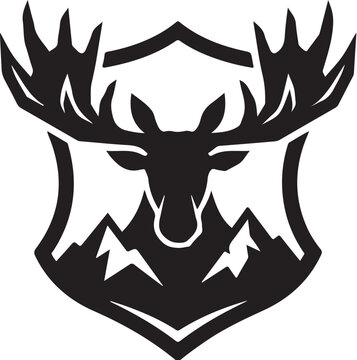 Black moose head logo, shield emblem, mountain landscape, wildlife icon, vector graphic