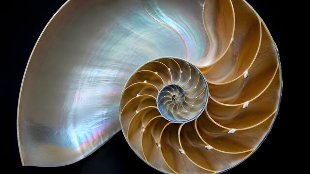 Cross section of a nautilus shell showing perfect golden ratio spiral
​ Detailed macro shot of a chambered nautilus shell with iridescent pearly sheen
Nautilus shell spiral structure i