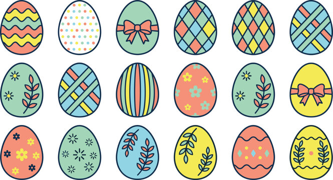 Easter egg vector icons set black outline bold line colorful pattern spring holiday festive decoration flowers ribbon isolated